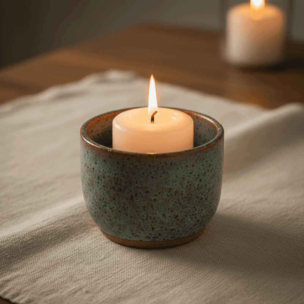 Lit candle in a ceramic holder on a linen tablecloth