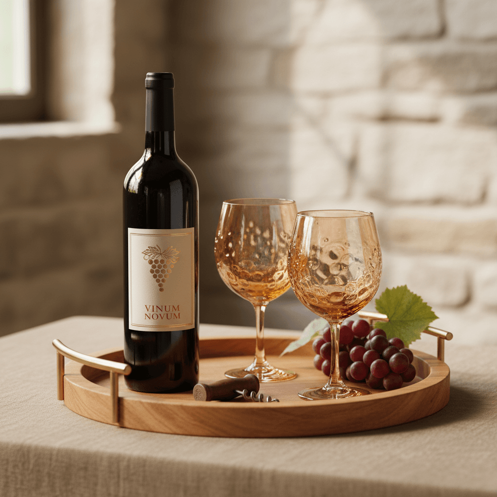 Bottle of wine with artisan glassware on a serving tray