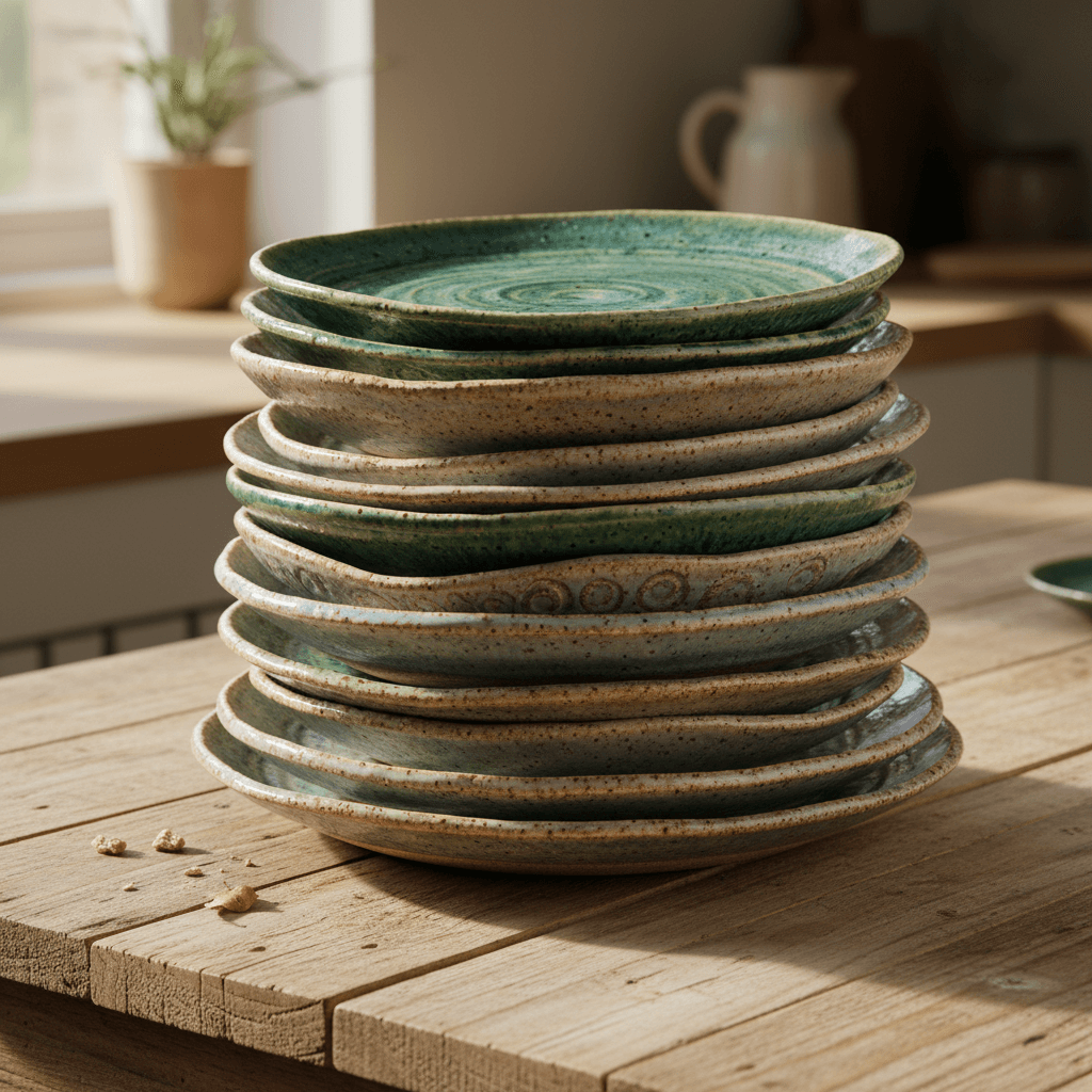 Stacked artisan ceramic plates with textured glaze on a wooden table