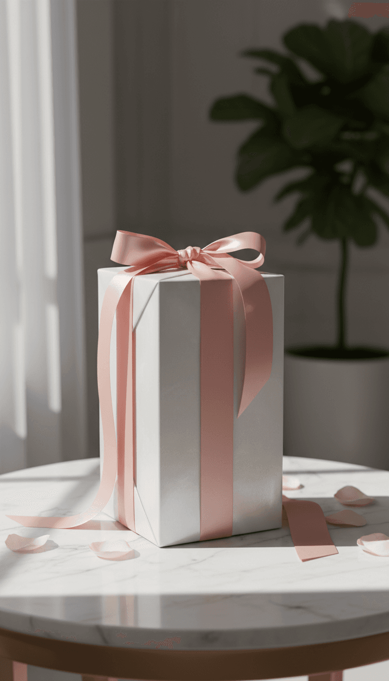 elegant gift box tied with ribbon on marble surface soft natural light