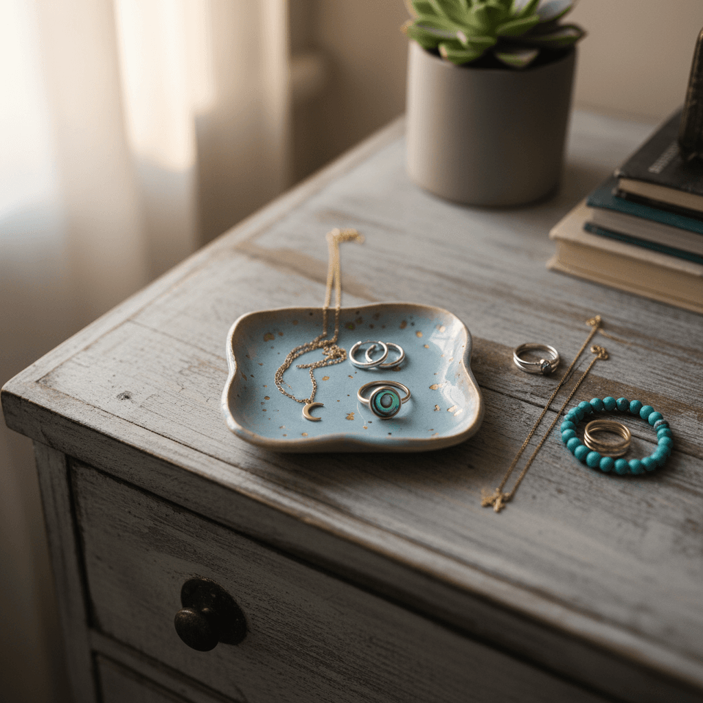 Small ceramic trinket dish with jewelry on a dresser