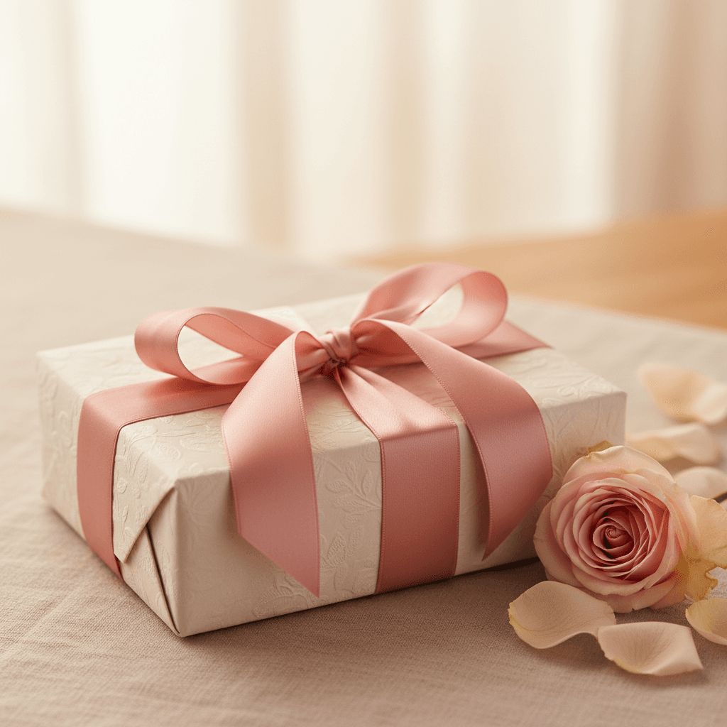 Gift box with ribbon beside a sculptural decorative object