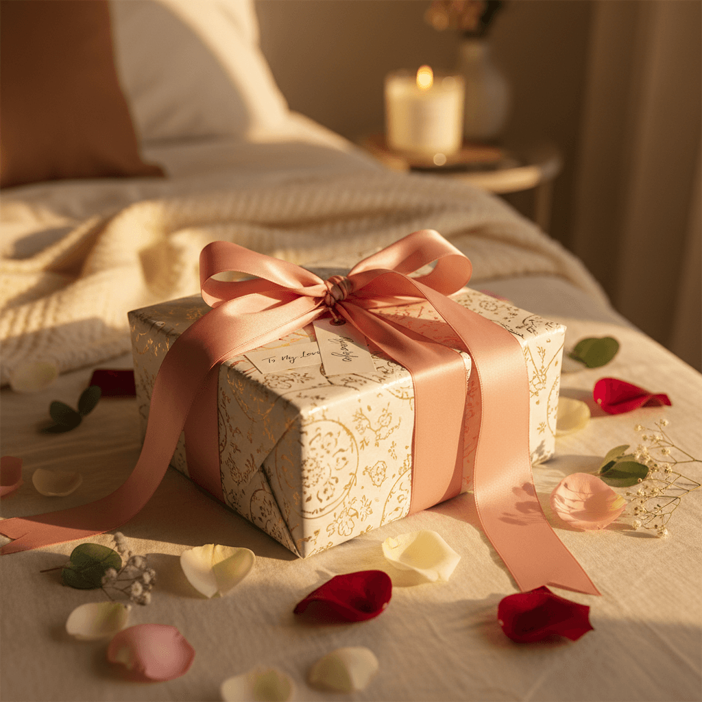 Elegant gift box with ribbon placed on a table in warm lighting