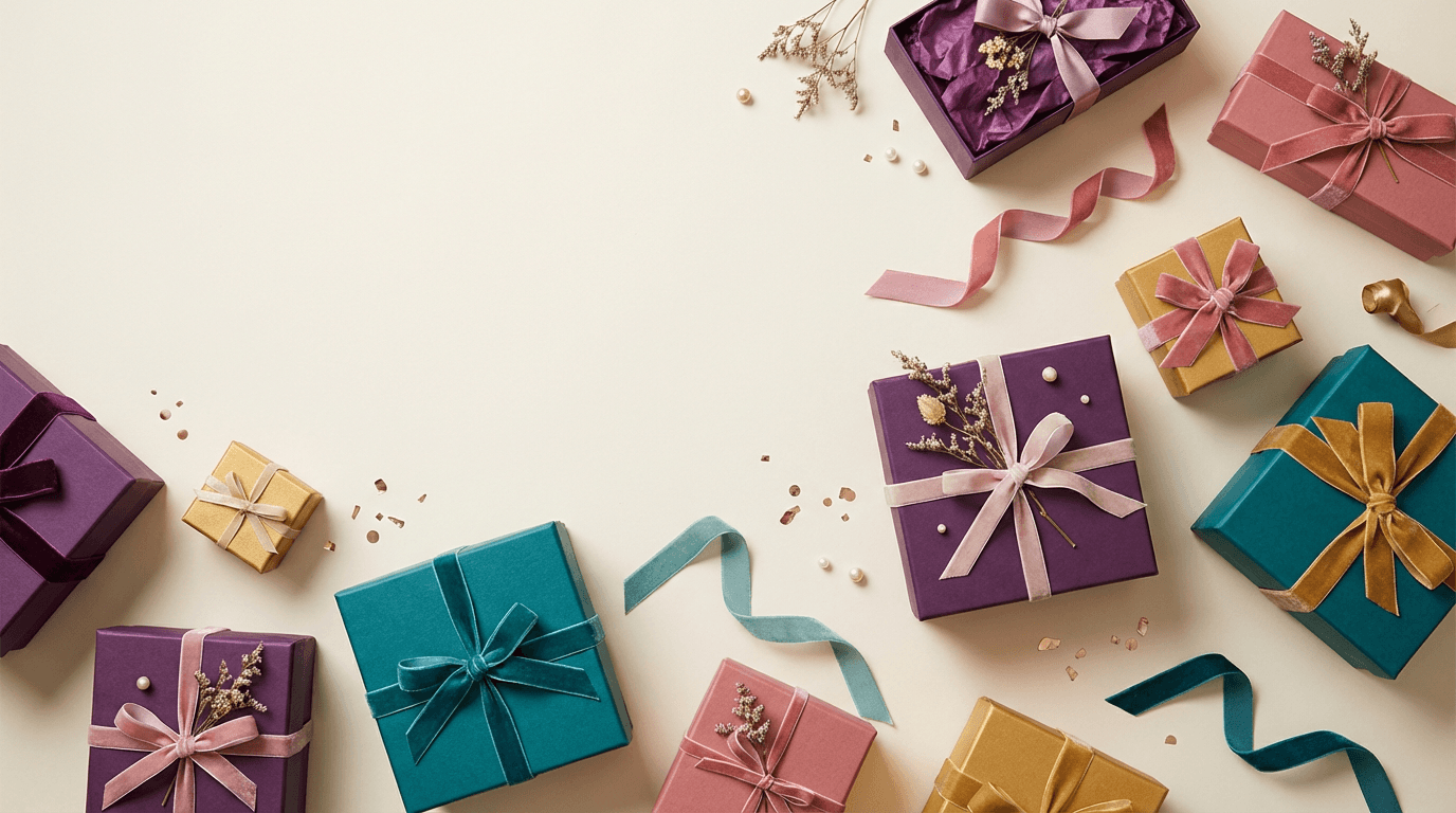 Elegant decorative gift boxes tied with ribbon on a soft linen surface in warm natural light