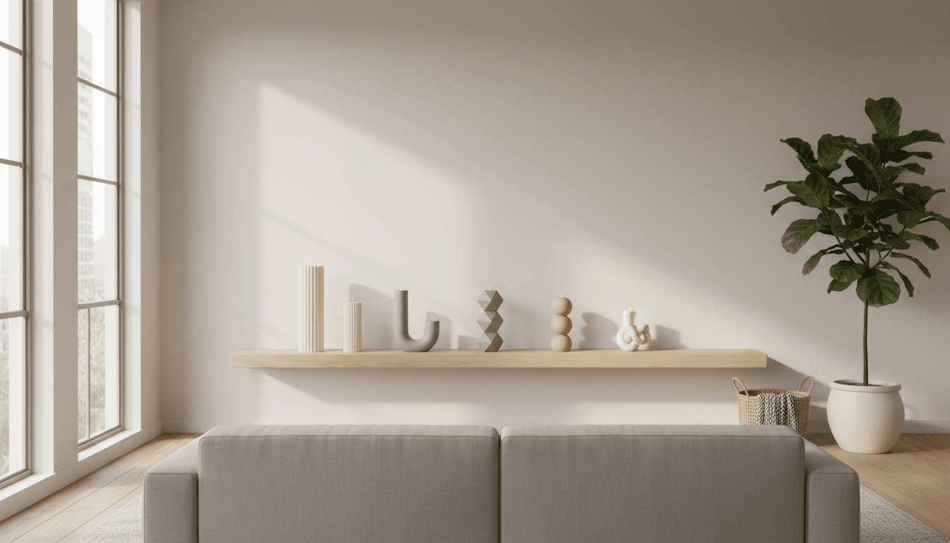 Decorative candle holders and sculptural objects styled on a home shelf