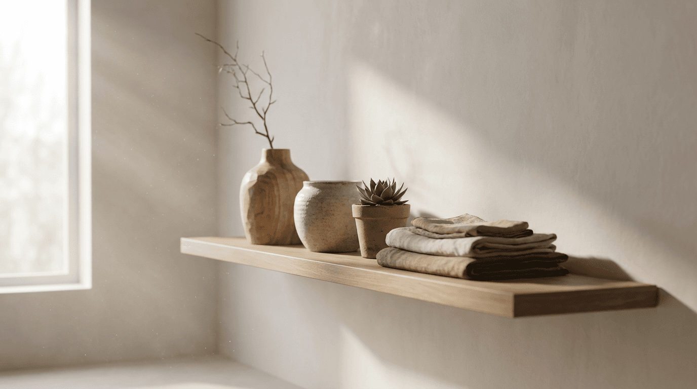 Curated decorative objects arranged on a shelf in a minimalist interior with warm natural light