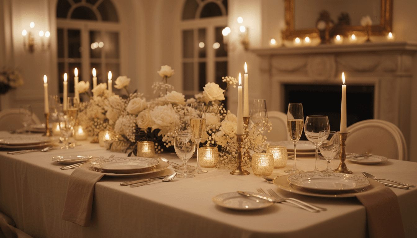 Minimalist table setting lit by candles with linen napkins