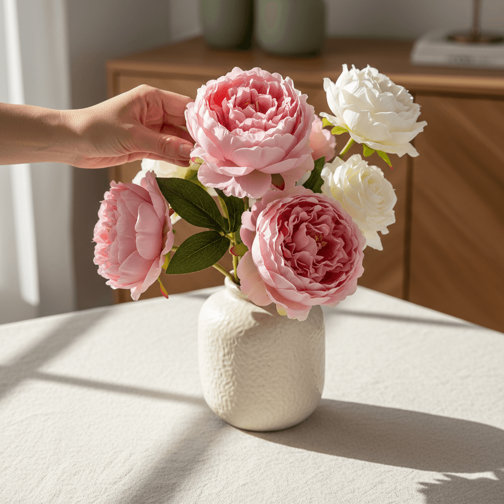 Artisan ceramic vase with dried botanicals on a linen surface