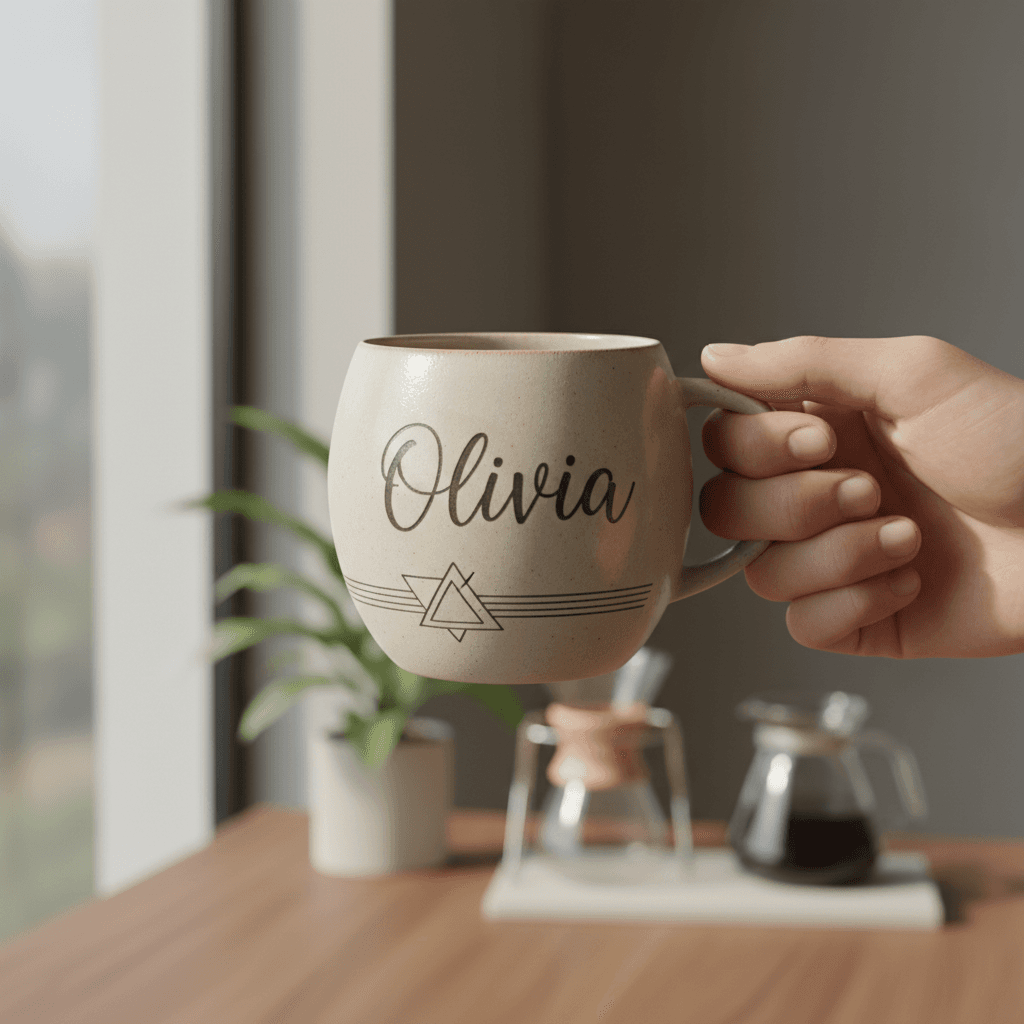 A gift set with a ceramic mug and small vase wrapped in kraft paper
