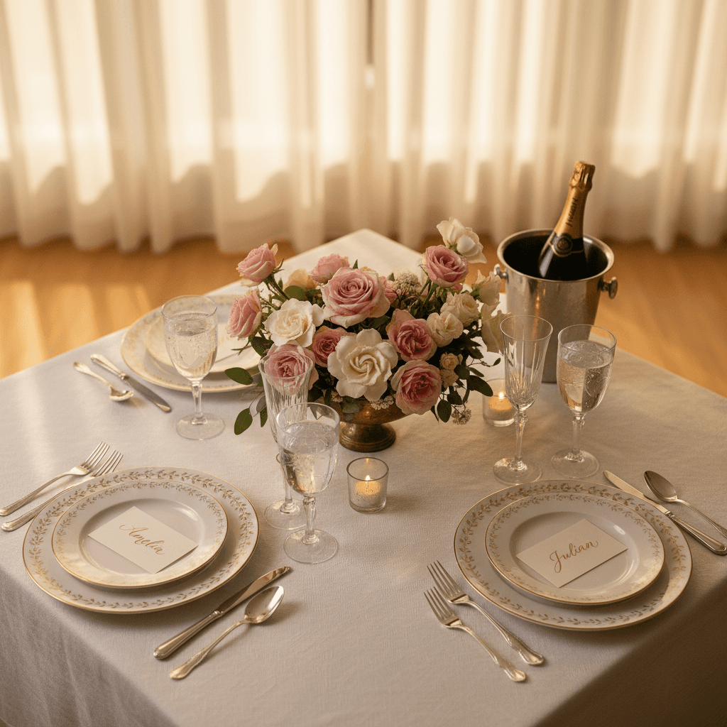 Holiday table setting with decorative ornaments and warm candlelight
