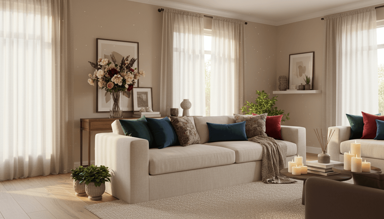 Curated seasonal home decor arranged on a wooden table with soft natural light