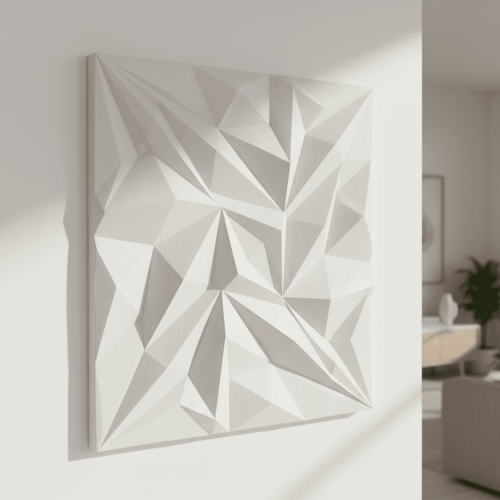 Sculptural wall art in neutral tones mounted on a bright wall