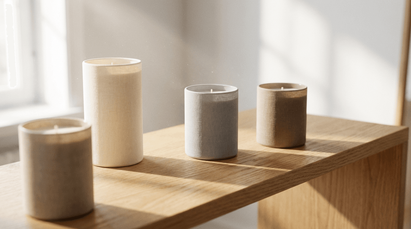 Minimal white candle and small stone on a calm neutral surface