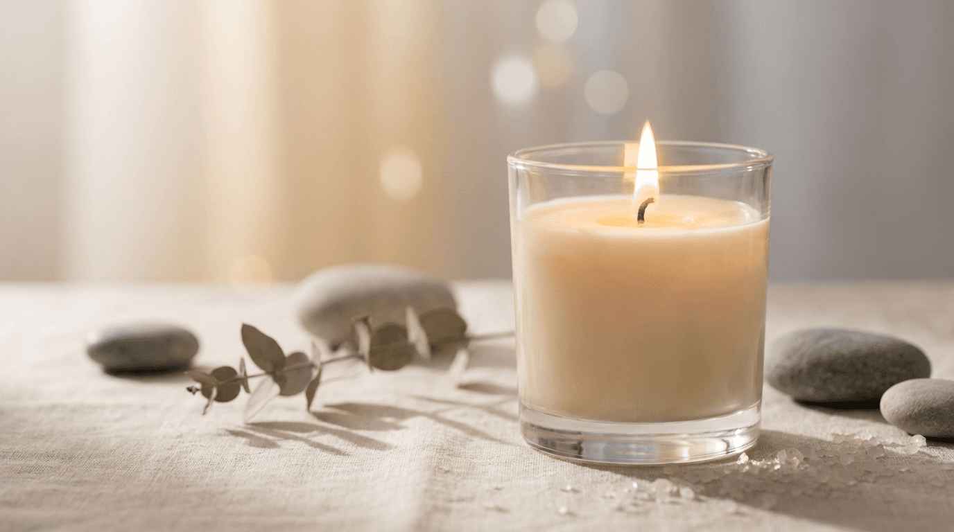 Minimal scented candle in a glass jar with a soft warm glow