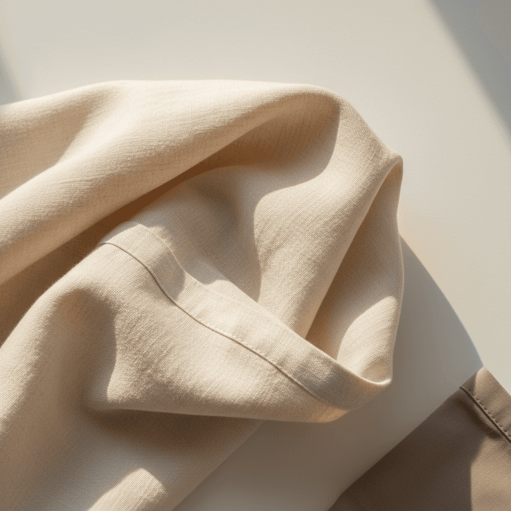 Folded linen throws in muted earthy tones on a neutral background