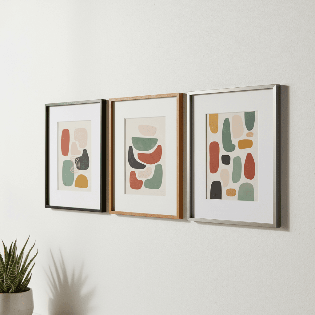 Framed art prints with a muted palette leaning against a wall