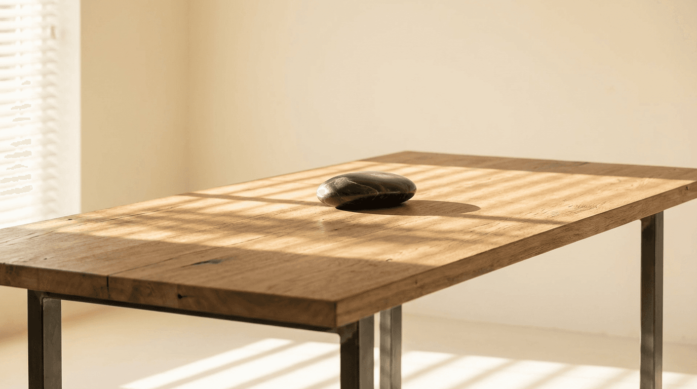 Abstract small sculpture on a side table with soft shadows