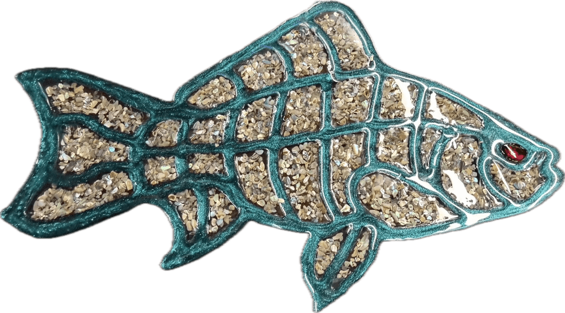 Fish-shaped mosaic with a teal border, iridescent shell inlay, and a red jewel eye.