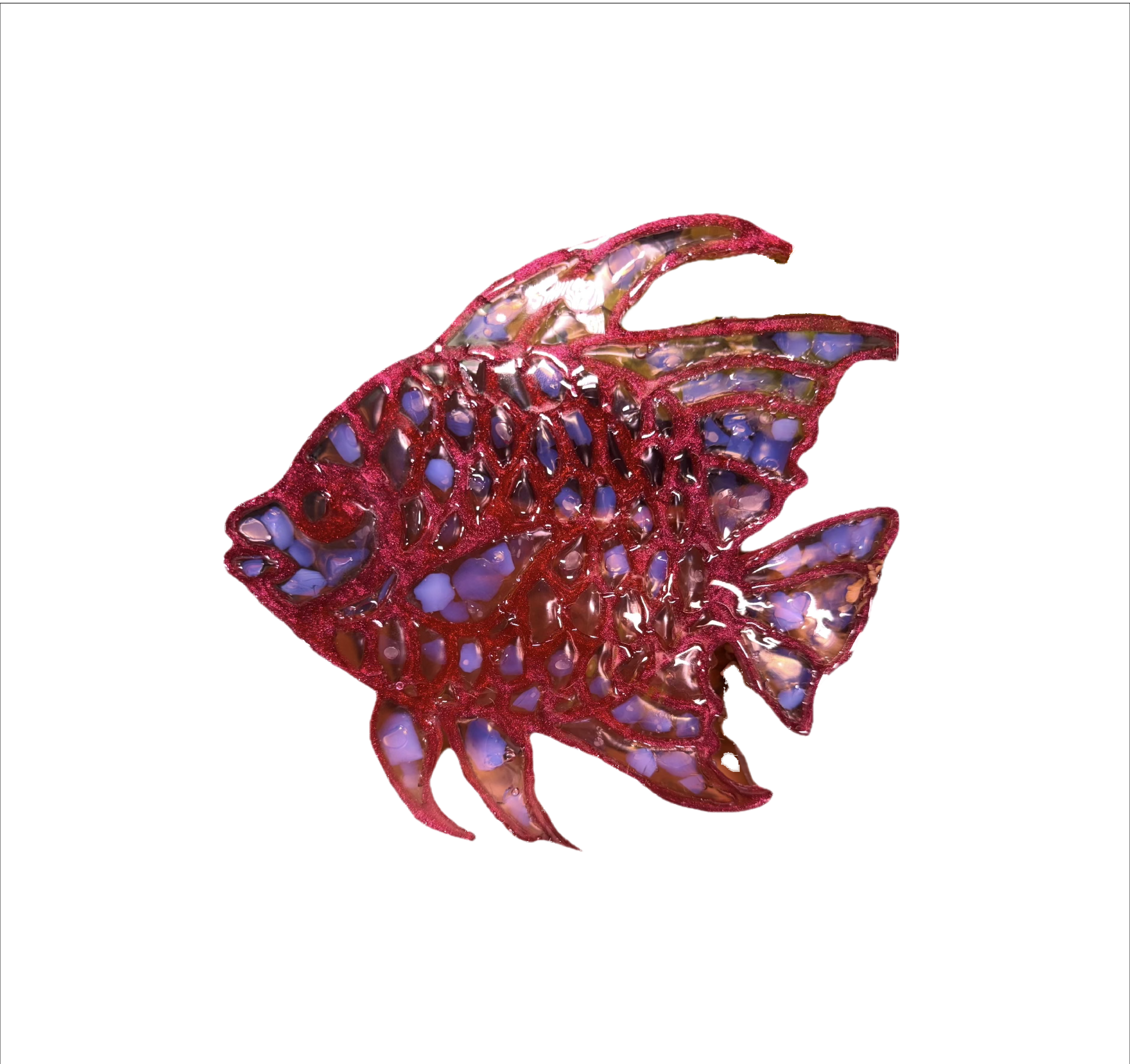 Glossy maroon and purple mosaic fish with a translucent texture on a white background.