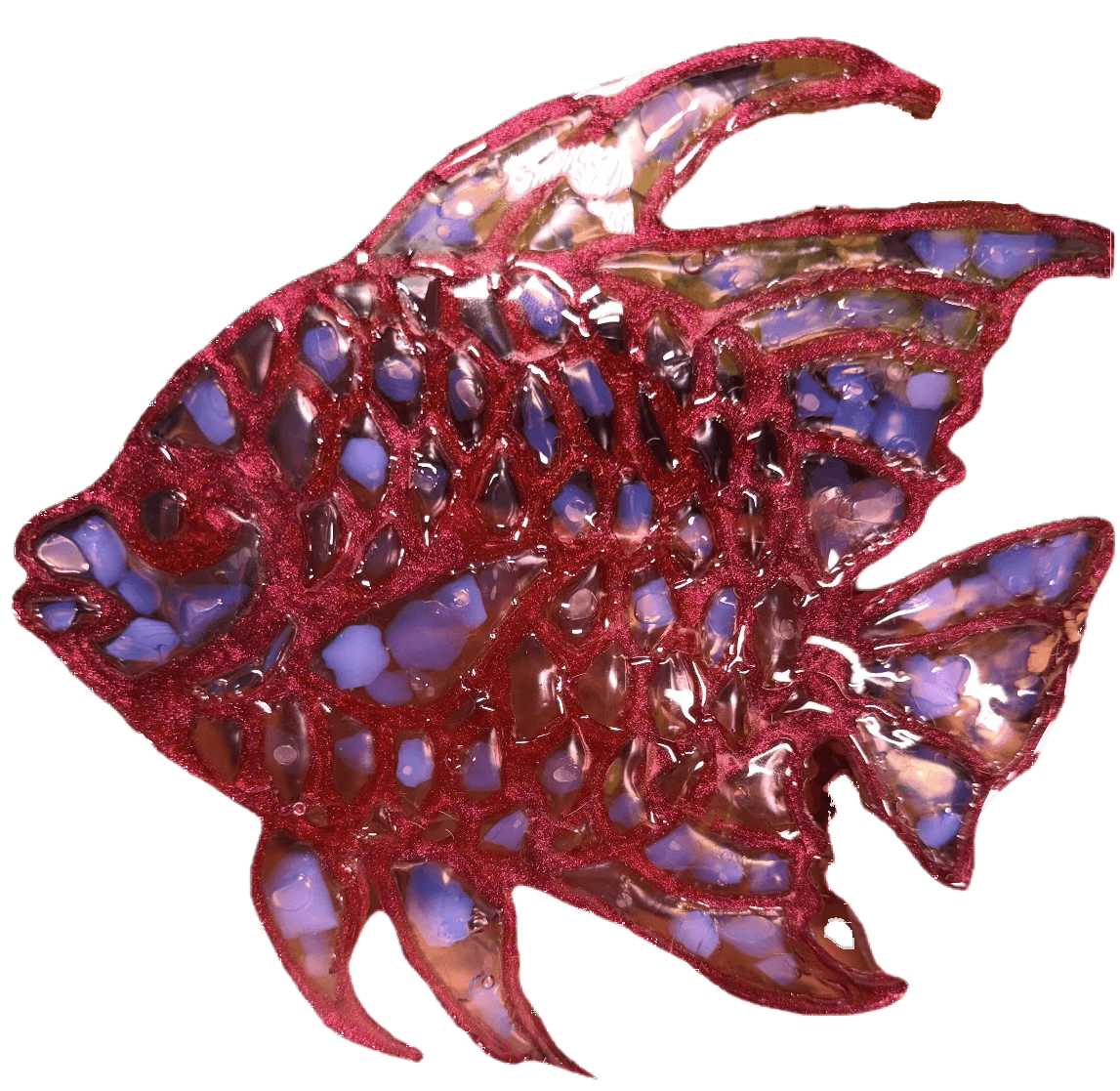 Stylized mosaic fish with glittery maroon outlines and iridescent blue and purple glass pieces.
